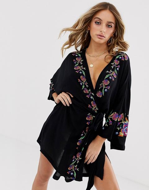 Asos Design - Copricostume A Portafoglio Con Fiori Ricamati E Nappe Sul Retro - Nero