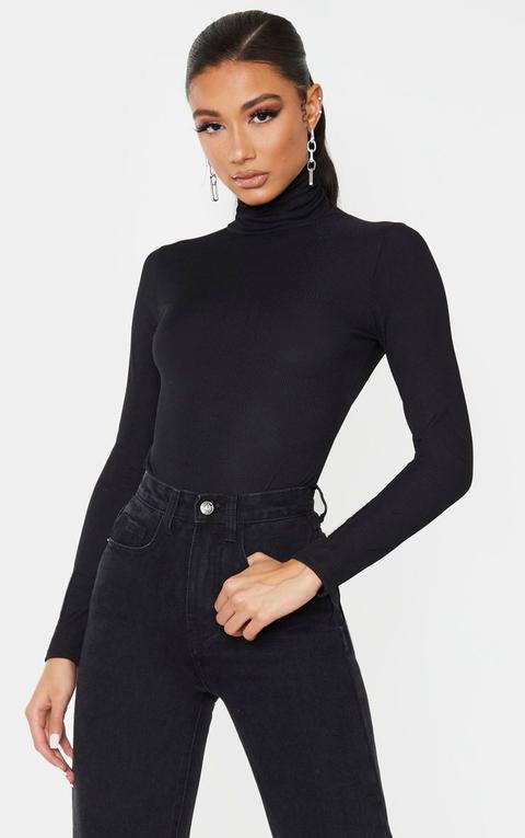 Black Long Sleeve Rib Roll Neck Bodysuit