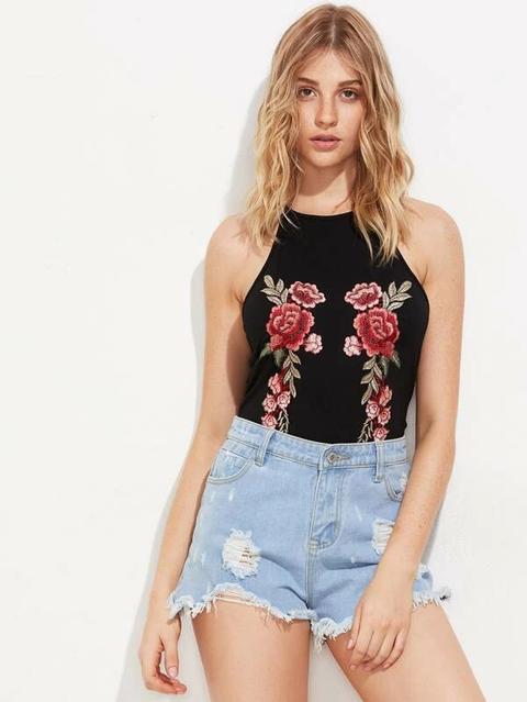 Embroidered Appliques Halter Bodysuit