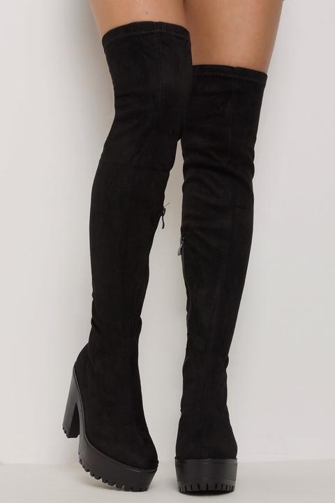 Stretch It Out Knee High Faux Suede Boots Black