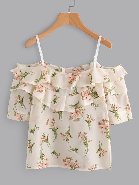 Open Shoulder Tiered Floral Print Random Blouse