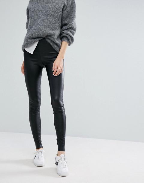 Moss Copenhagen - Pantaloni Di Pelle Skinny Vita Alta - Nero