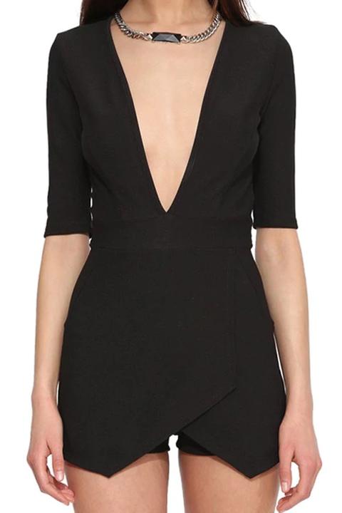 Black Plunging Neck Half Sleeve Romper