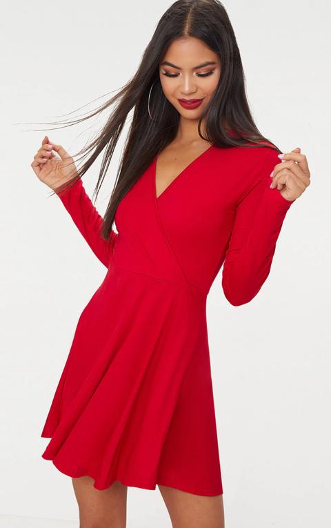 Red Jersey Wrap Long Sleeve Skater Dress, Red