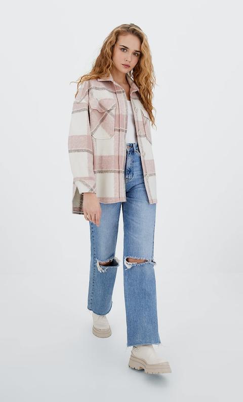 Stradivarius Surchemise En Maille À Carreaux Rose Pastel S