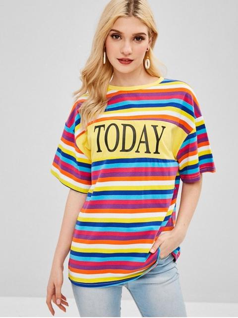 Zaful Letter Print Graphic Contrast Striped Tee Multi