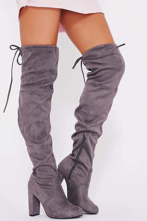 Grey Boots - Grey Faux Suede Over The Knee Heeled Boots