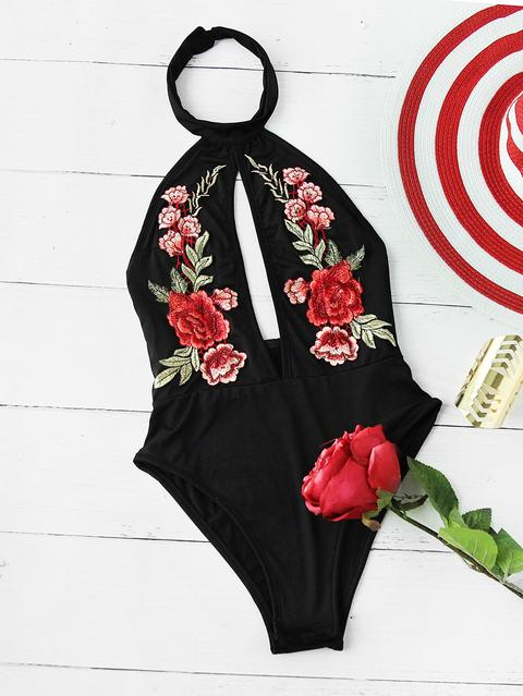 Monokini De Frete Con Abertura Con Parche De Flor