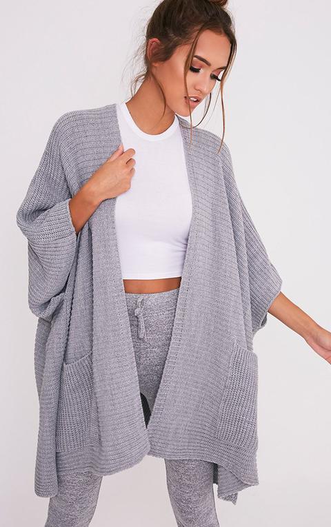 Grey Chunky Knit 3/4 Sleeve Wrap Cardigan