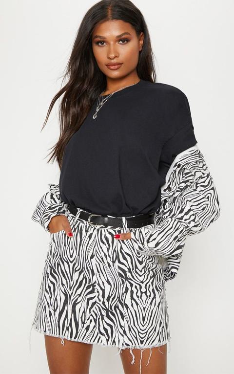 Monochrome Basic Zebra Print Denim Skirt, Black