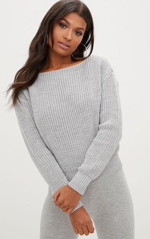 Grey Knitted Slash Neck Crop Jumper, Grey