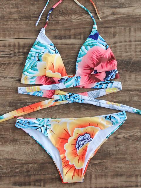 Multicolor Floral Criss Cross Detail Bikini Set