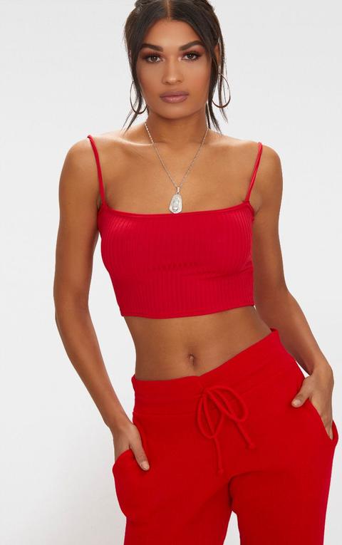 Red Rib Square Neck Strappy Crop Top