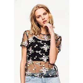 Schwarzes, Transparentes Top Mit Blumen