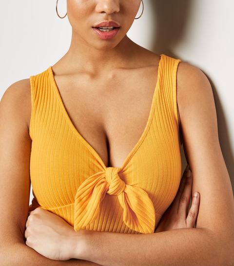 Yellow Ribbed Tie Front Bodysuit New Look