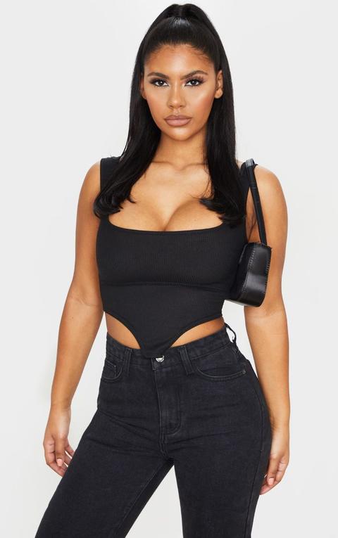 Black Rib Dip Hem Sleeveless Crop Top