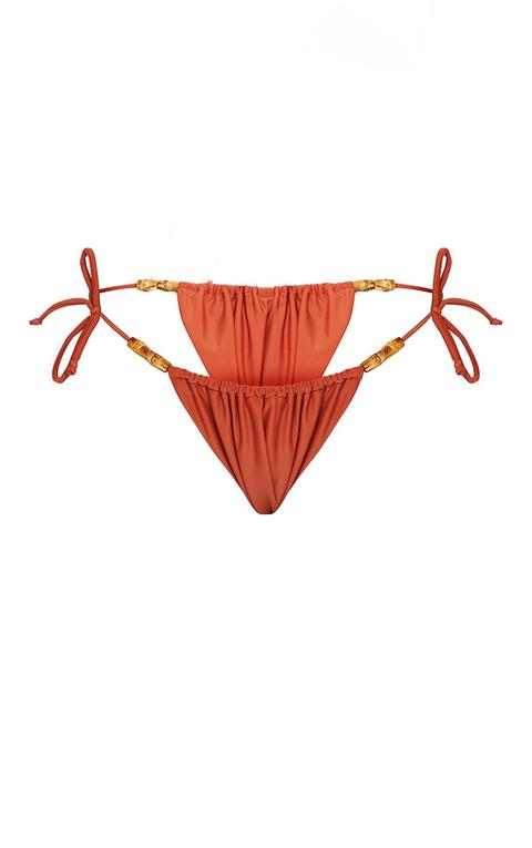 Brown Wooden Bead Ruched Tanga Bikini Bottoms