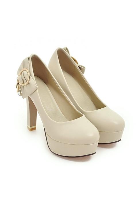 Scarpe Punta Arrotondata Modo Farfallino Grosso Tacco Alto Beige