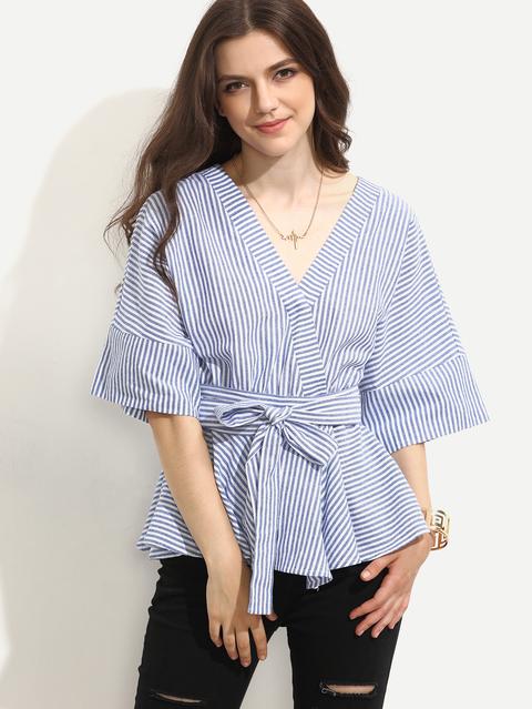 Blue Striped Tie Waist Surplice Blouse