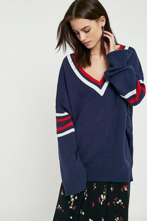 Uo Varsity Striped Navy Jumper