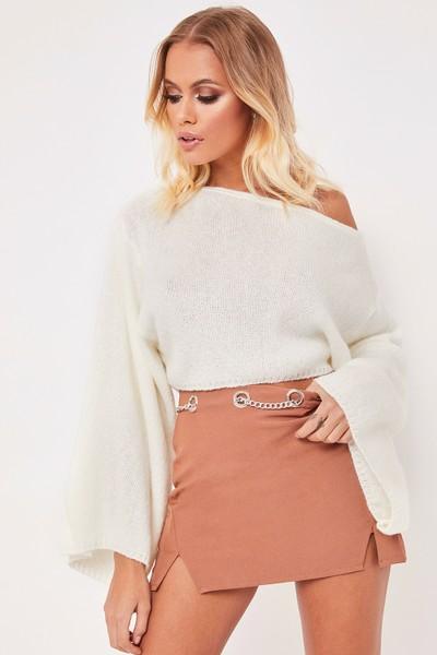 Morgan Cream Knitted Cropped Flare Sleeve Jumper