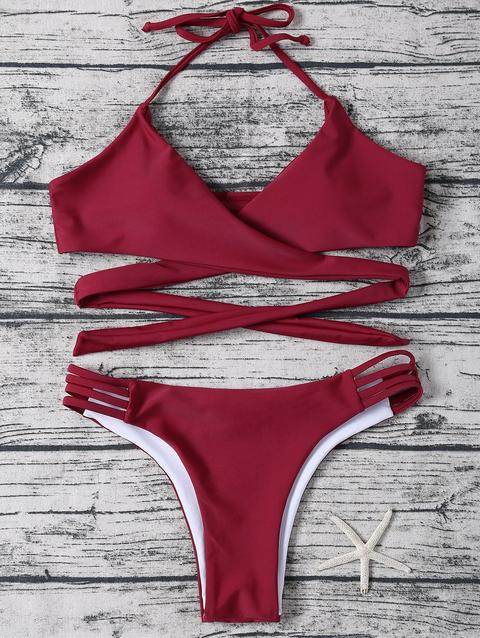 Bikini Avvolgente Con Lacci E Halter Black Light Apricot Pink Purplish Red Wine Red