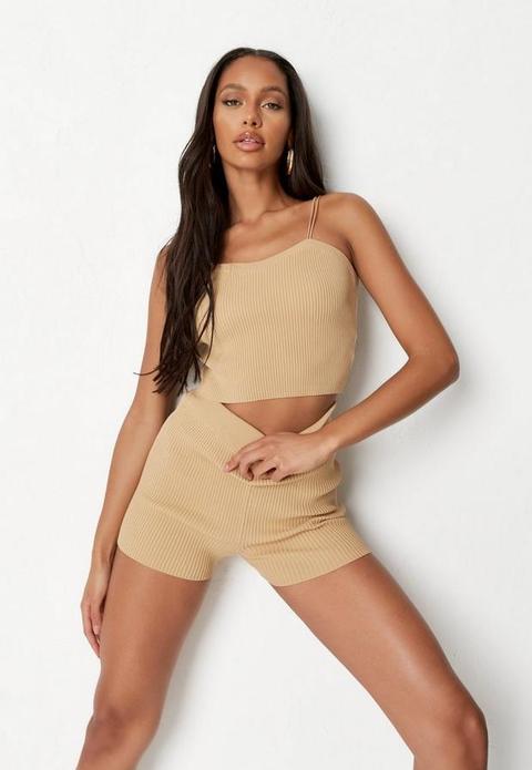 Camel Co Ord Rib Spaghetti Strap Knit Crop Top, Camel