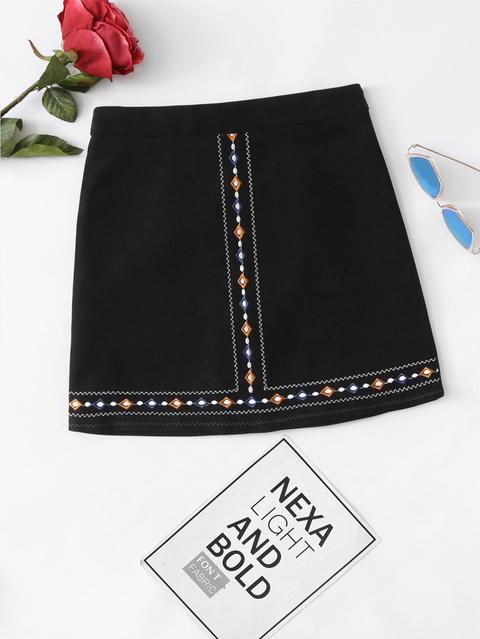 Falda Con Cremallera Bordada Geométrica