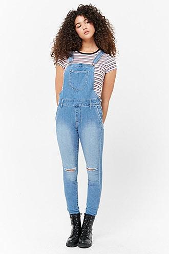 Forever 21 Distressed Denim Overalls , Medium Denim