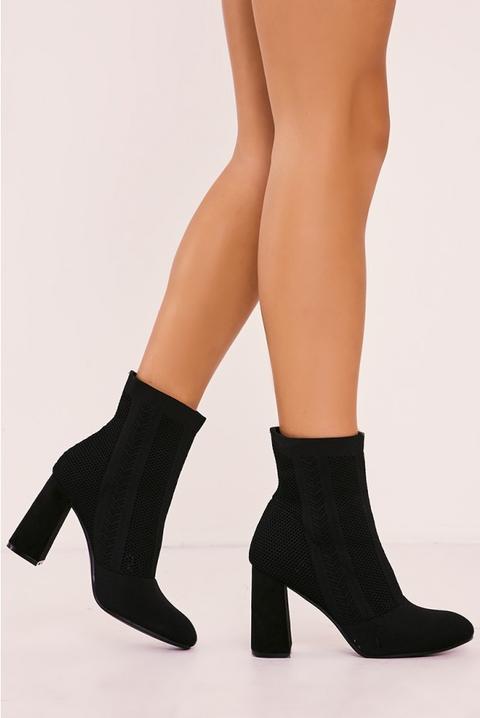 Veola Black Knitted Block Heel Boots