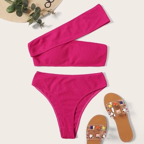 Set De Bikini Top Con Un Hombro De Canalé
