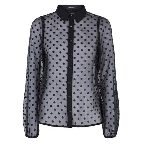 Black Spot Organza Puff Sleeve Shirt New Look