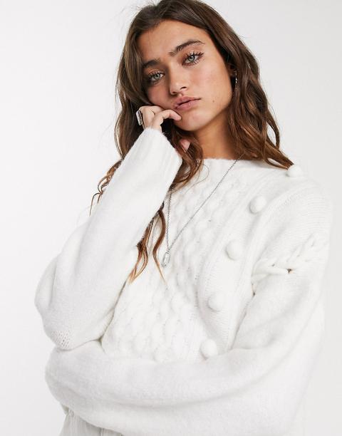 Bershka - Pull En Maille À Pompon - Crème-blanc