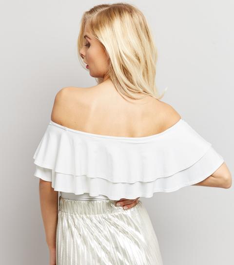 Cream Layered Frill Trim Bardot Neck Bodysuit