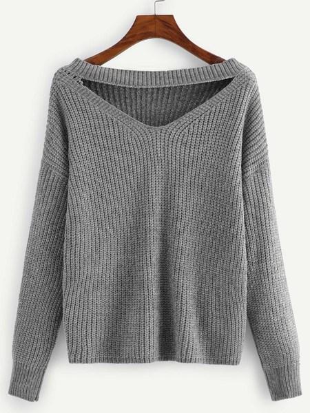 Casuale Plain Grigio Maglia