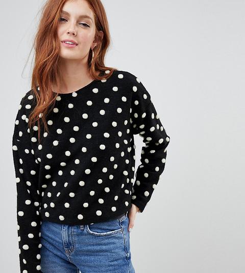 New Look Brushed Jumper In Black Polka Dot Pom Pom