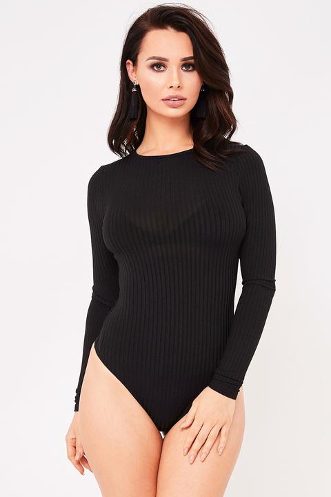 Danielle Black Ribbed Long Sleeve Bodysuit