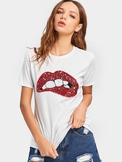 T-shirt A Girocollo Con Motivo Di Labbra Con Paillettes