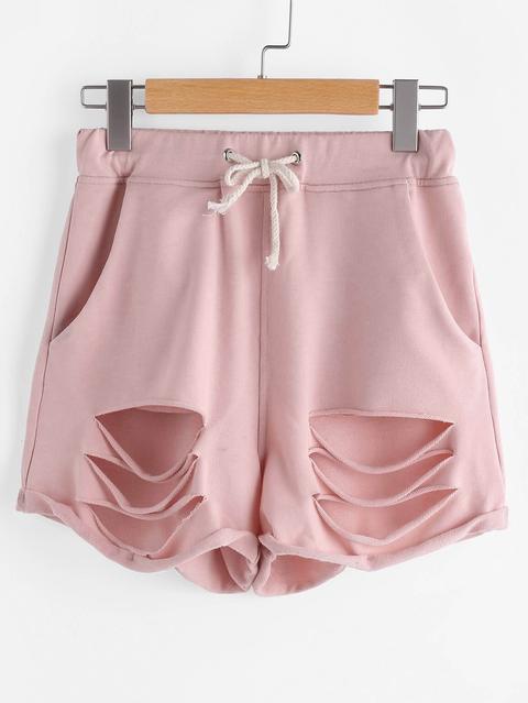 Pink Drawstring Waist Ripped Roll Hem Shorts