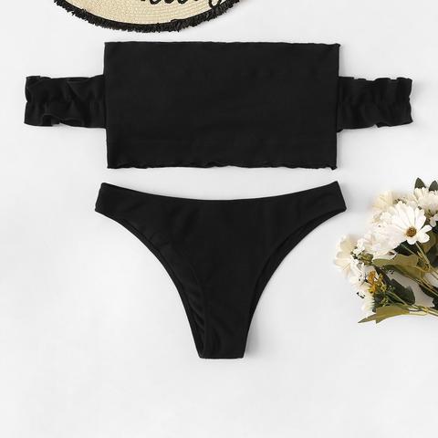 Set Bikini A Coste Con Bordo Ondulato E Spalle Scoperte