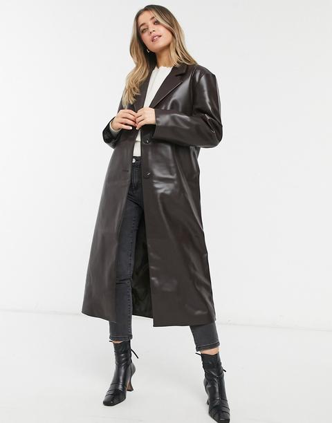 Asos Design Leather Look Trench Coat In Brown