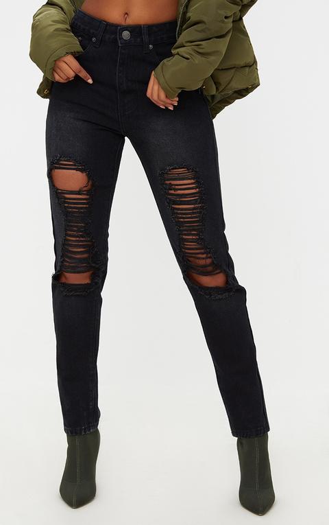 Black Extreme Distressed Bum Rip Slim Leg Jean