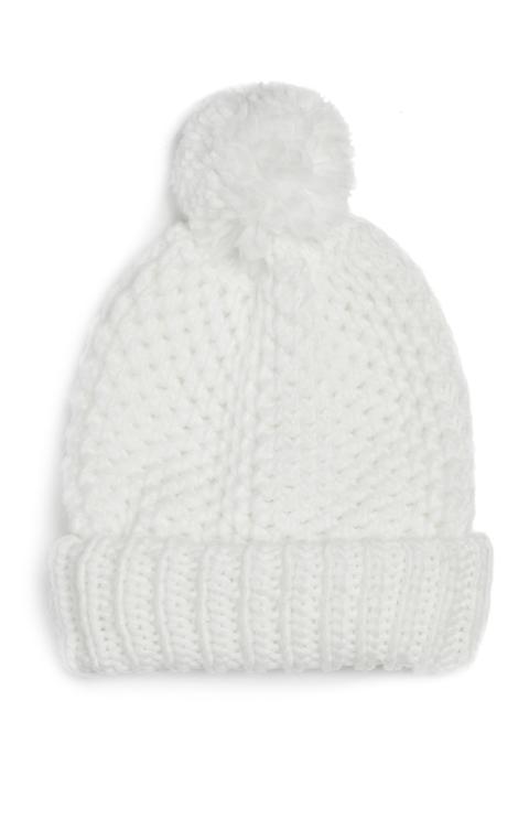 Gorro De Lana Gruesa Blanca Con Pompón