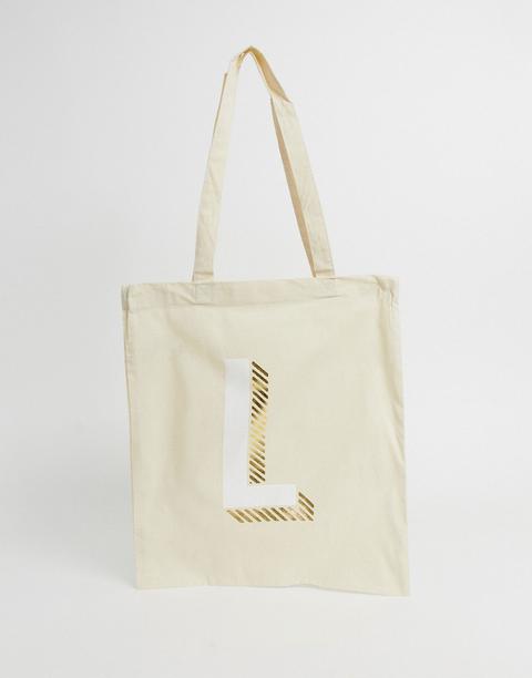 Asos Design L Initial Canvas Tote-cream