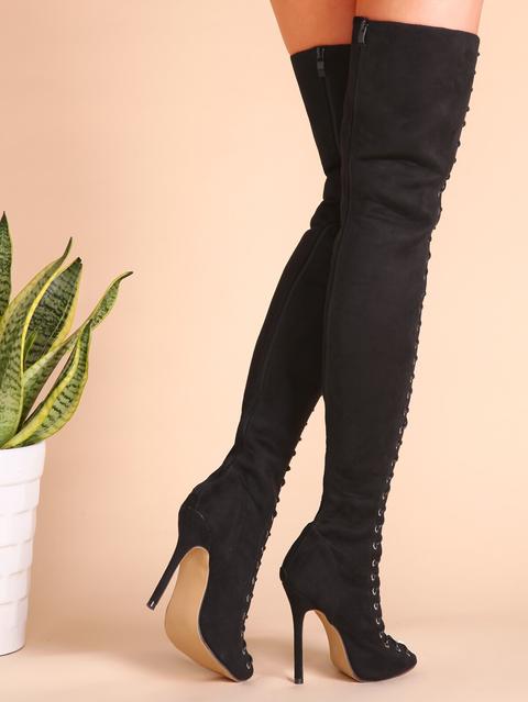Botas Altas De Ante Con Cordón Cruzado Y Puntera Abierta - Negro from Romwe  on 21 Buttons