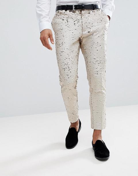 Pantalones De Vestir Capri Ajustados Con Lentejuelas Reversibles Color Crema De Asos Design Wedding