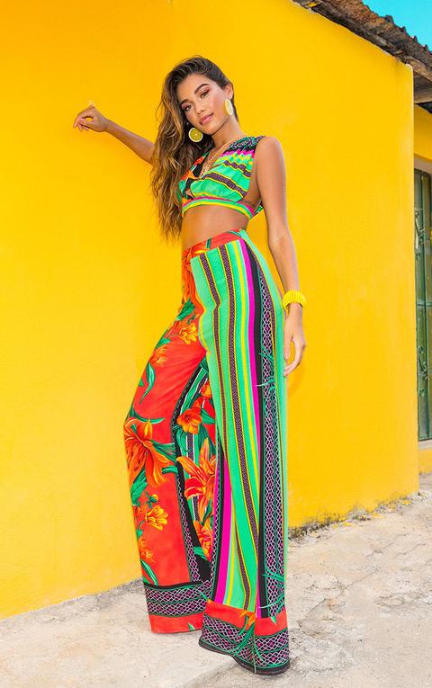 Multi Mixed Print Tropical High Waisted Wide Leg Trousers