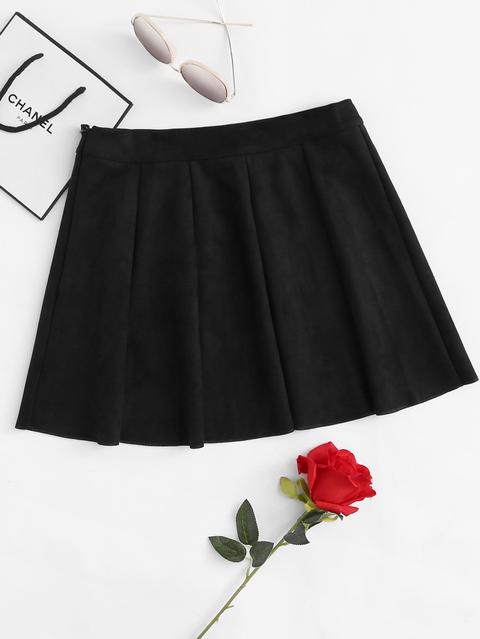Box Pleated Zipper Side Suede Skirt