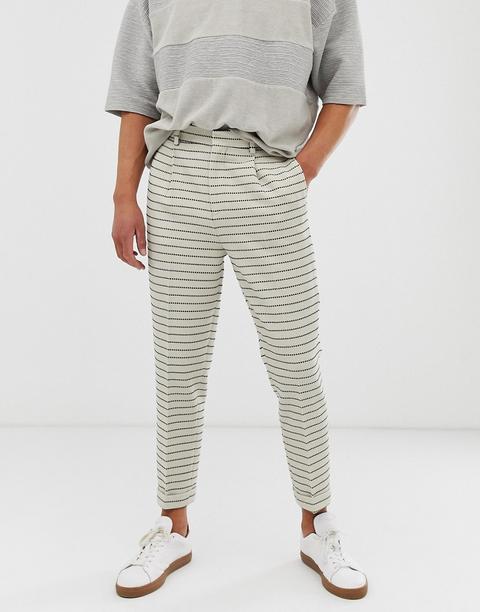 Asos Design Tapered Crop Smart Trousers In Cream Waffle Stripe