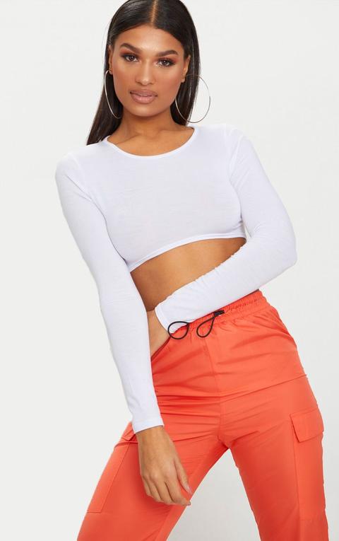 White Long Sleeve Curved Hem Jersey Crop Top